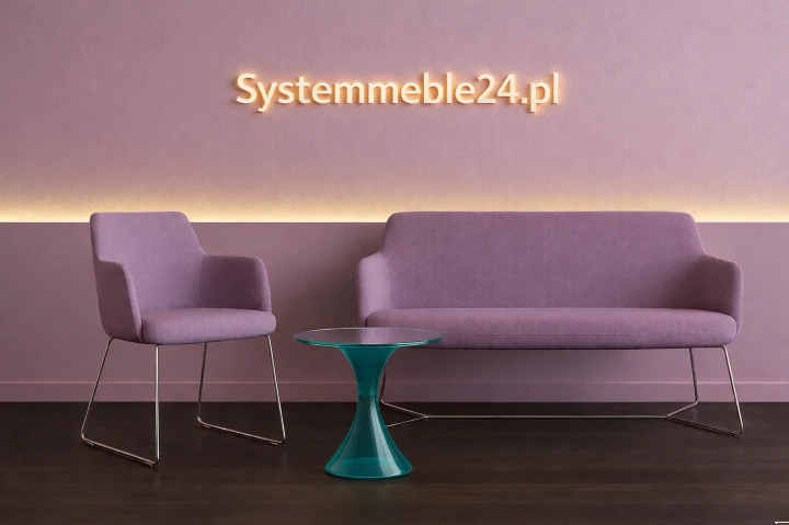 Pudrowa sofa i fotel biurowy w eleganckiej aranżacji wnętrza – zestaw mebli do recepcji Systemmeble24.pl