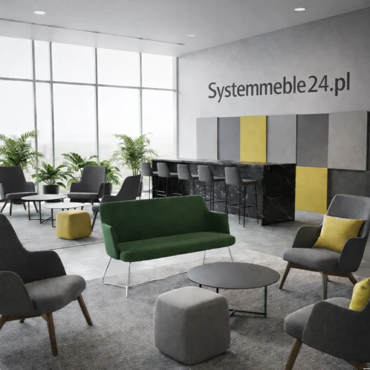 Zielona sofa biurowa dwuosobowa w nowoczesnym wnętrzu – sofa do recepcji i strefy lounge Systemmeble24.pl