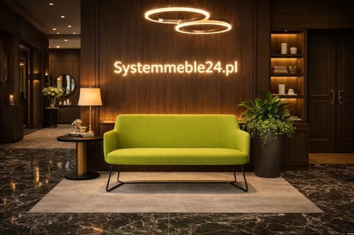 Jasnozielona sofa biurowa dwuosobowa w lobby hotelowym – nowoczesna sofa do recepcji i poczekalni Systemmeble24.pl