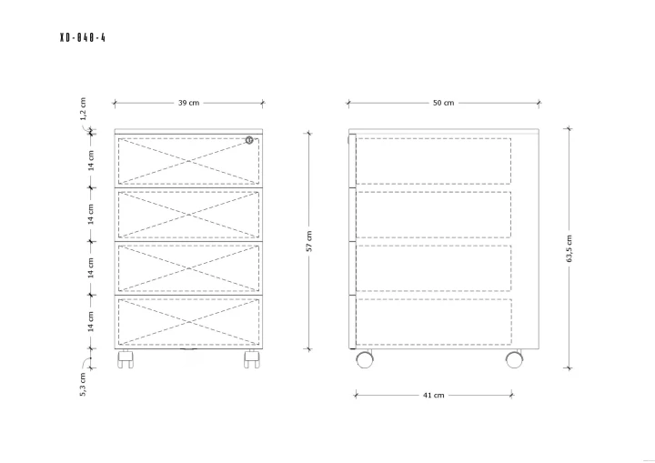 wymiary kontenera biurowego 4 szuflady rysunek techniczny
