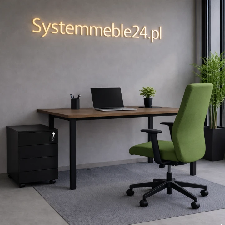 biurko biurowe z kontenerem i zielonym fotelem aranżacja biura Systemmeble24.plng