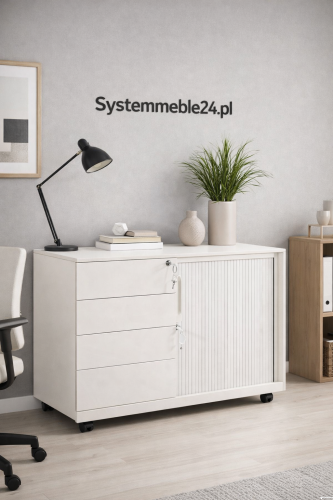 biały kontener pod biurko 4 szuflady mobilny aranżacja stanowiska pracy