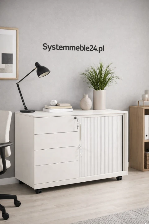biały kontener pod biurko 4 szuflady mobilny aranżacja stanowiska pracy