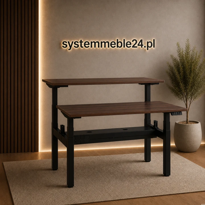 Podwójne biurko elektryczne z regulacją wysokości, czarnym stelażem i  blatem orzech– nowoczesne biuro premium | Systemmeble24.pl
