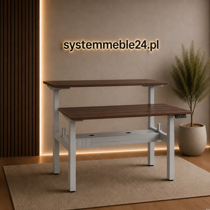 Nowoczesne biurko typu bench ACTIVE II z blatem orzech i szarym stelażem – ergonomiczne meble biurowe premium | Systemmeble24.pl