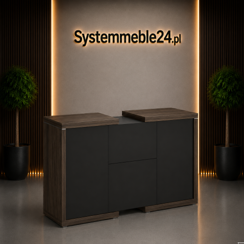 Meble gabinetowe LINEART – designerska komoda biurowa z płytą 54 mm i dekoracyjną chromowaną listwą w nowoczesnym wnętrzu premium.