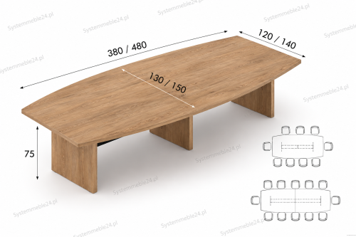 Stół konferencyjny EXO – blat kształtowy, wymiary 380 cm i 480 cm, widok techniczny