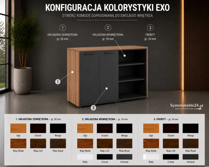 komoda biurowa EXO z półkami na segregatory i dokumenty do gabinetu