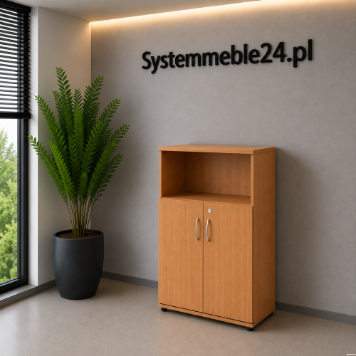 Szafa aktowa częściowo otwarta EM Box 80/38,5/113 cm – szafa biurowa z otwartą półką na podręczne dokumenty i zamykaną częścią na segregatory kolor buk
