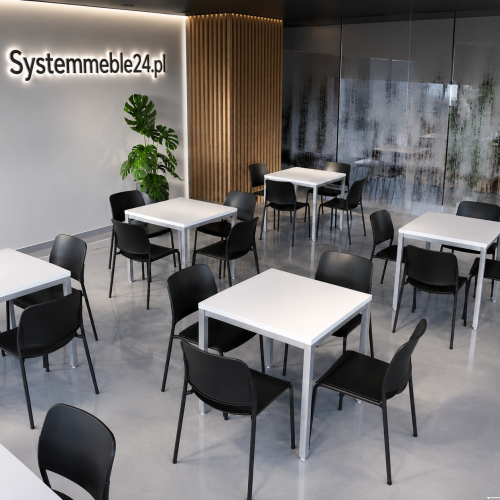 Stolik do spotkań 80 × 80 cm z białym blatem i metalową podstawą – Systemmeble24.pl