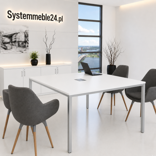 Biały stół konferencyjny 140 × 140 cm z nogami kolor metalik– stół do sali konferencyjnej i biura Systemmeble24.pl