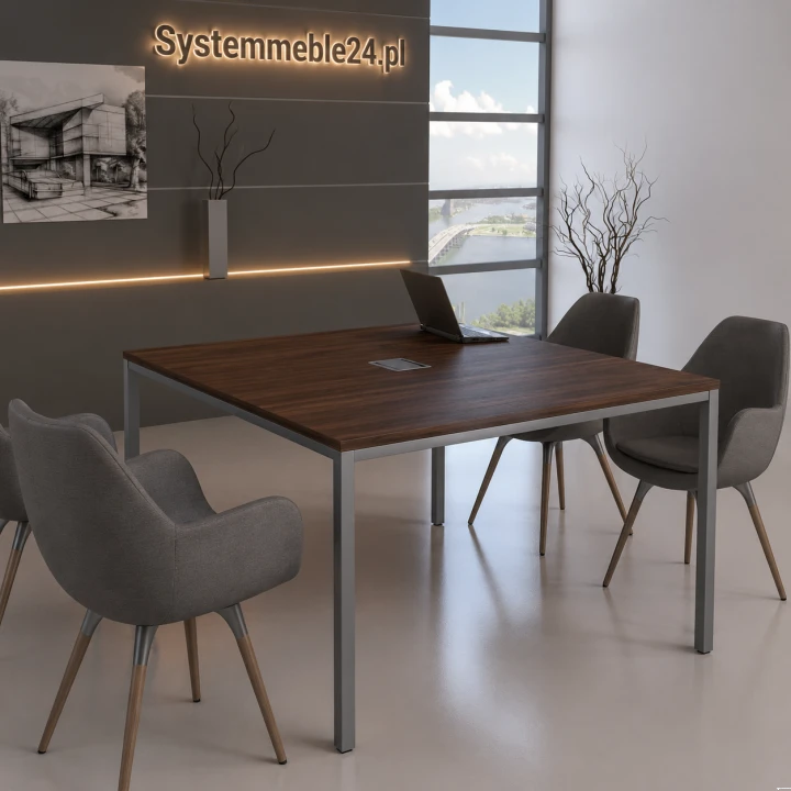 Kwadratowy stół konferencyjny 140 × 140 cm, blat orzech i antracytowa podstawa – meble konferencyjne Systemmeble24.pl