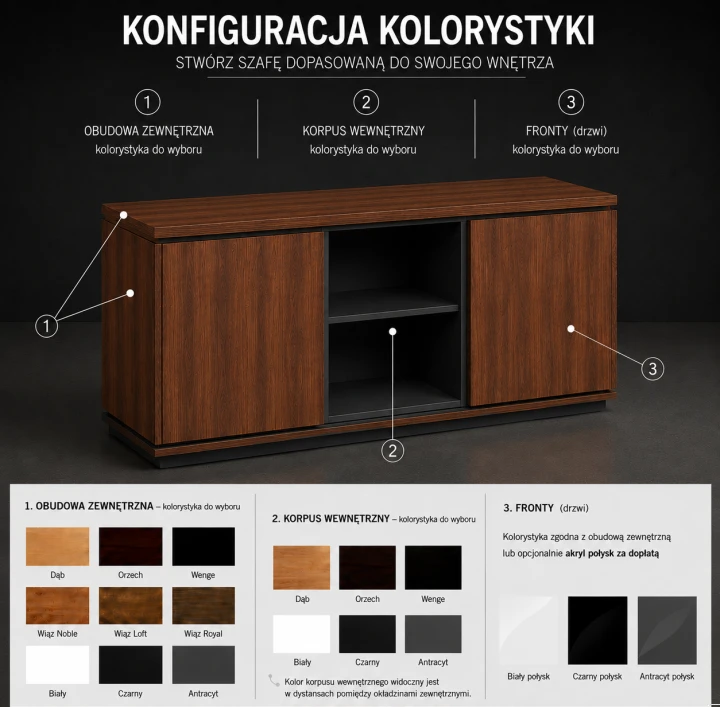 Konfiguracja kolorystyki systemu mebli gabinetowych Creator – obudowa zewnętrzna, korpus wewnętrzny i fronty | Systemmeble24.pl