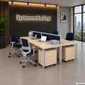 Meble do open space dla 4 osób z panelami i mobilnymi kontenerami – aranżacja biura