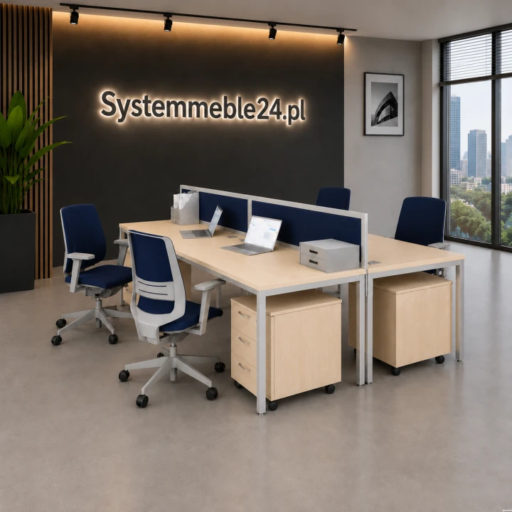 Meble do open space dla 4 osób z panelami i mobilnymi kontenerami – aranżacja biura