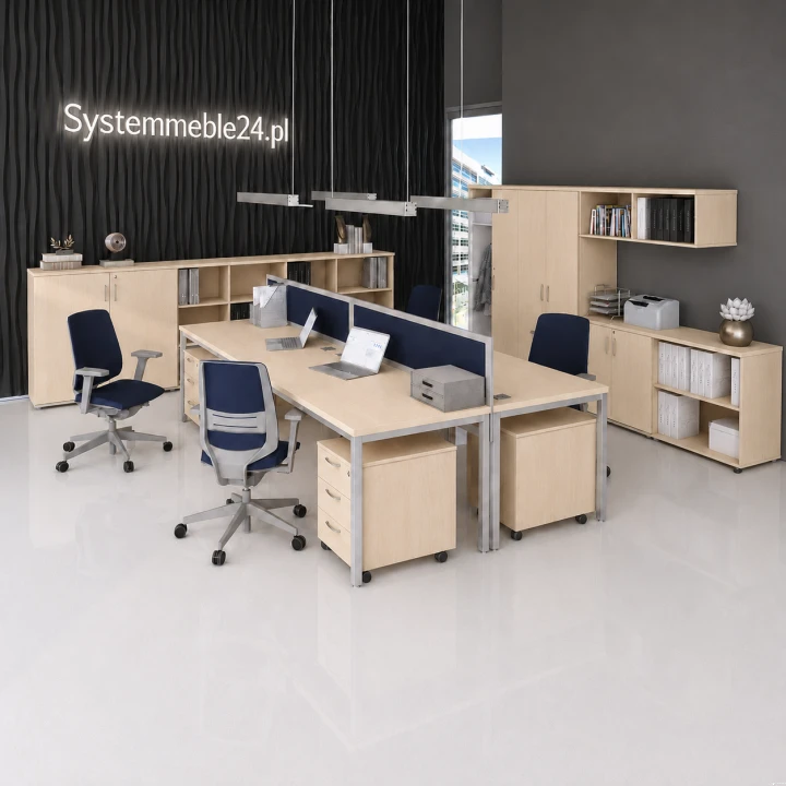 Zestaw 4 biurek do open space z panelami dzielącymi stanowiska pracy