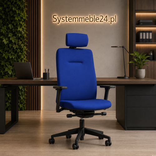 Fotel ergonomiczny NEXT PLUS niebieski z zagłówkiem – regulowany fotel biurowy do wielogodzinnej pracy