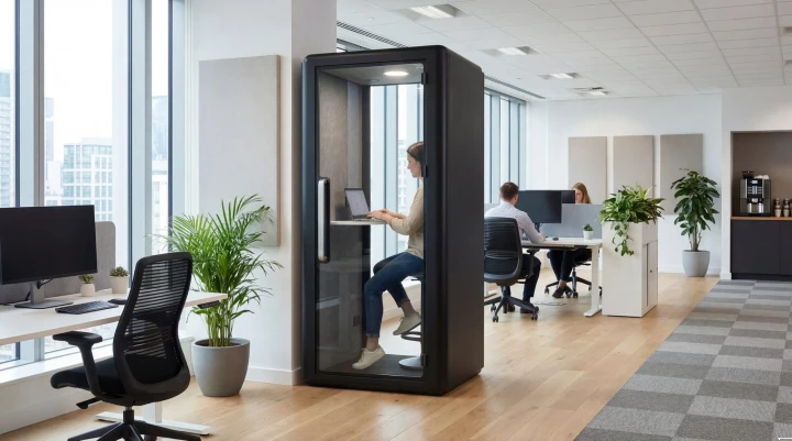 Budka akustyczna do open space i wideokonferencji – aranżacja biurowa