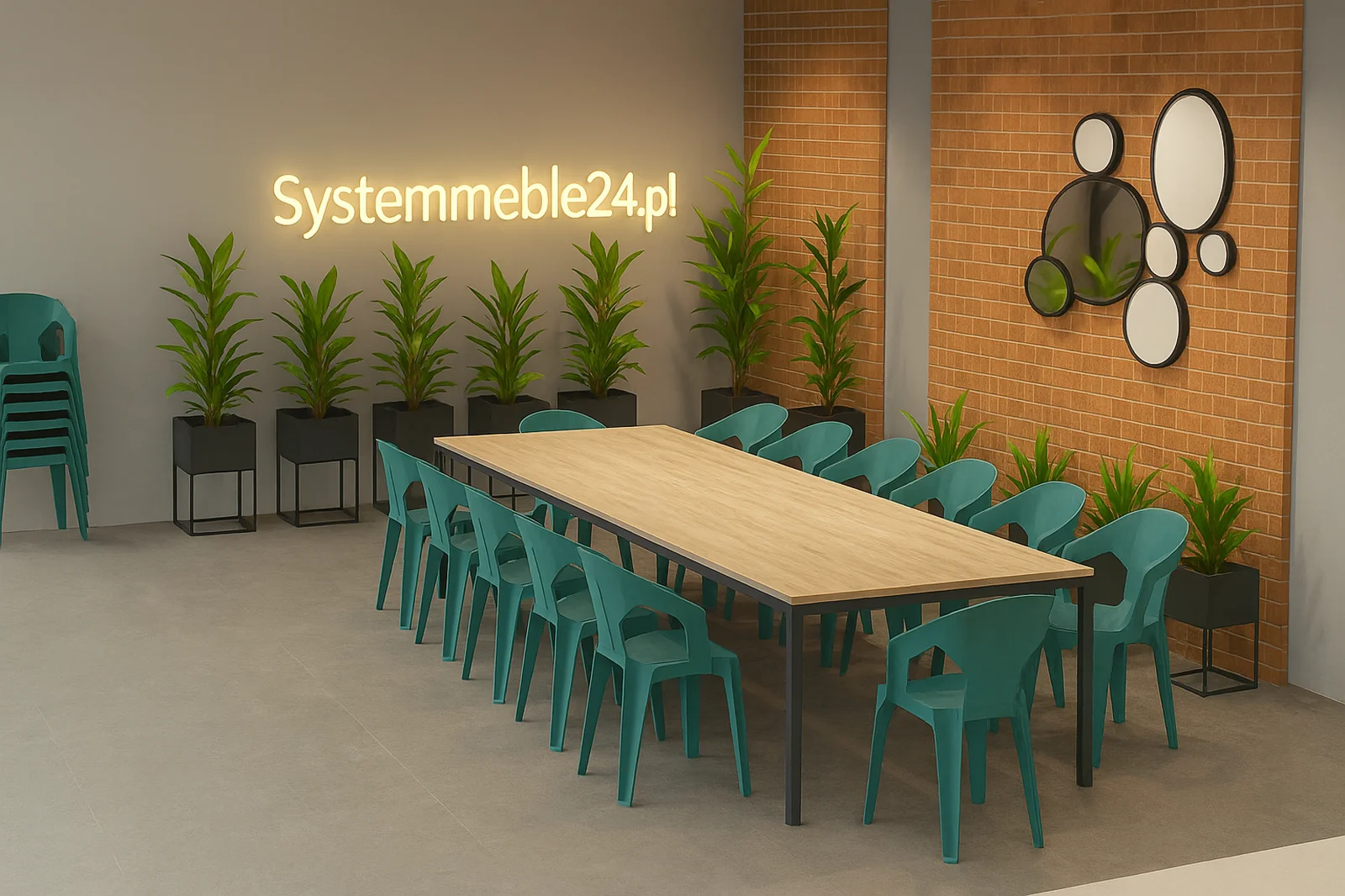 Wizualizacja sali konferencyjnej ze stołem i krzesłami MUZE – Systemmeble24.pl