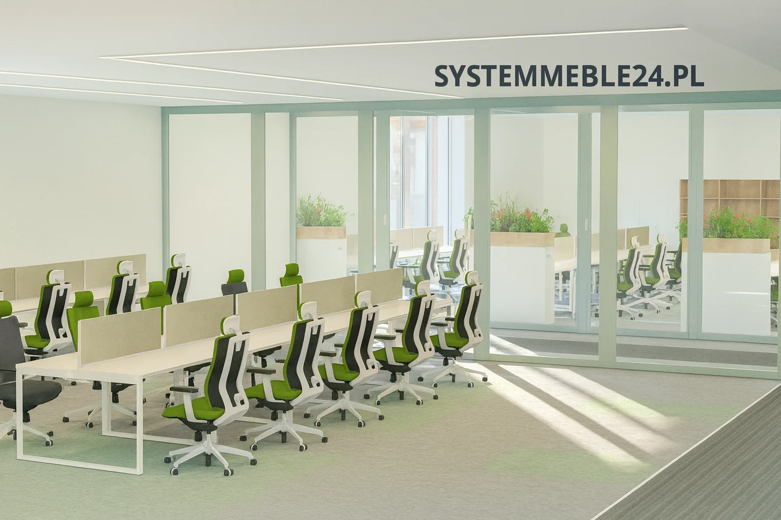 Wizualizacja dużego jasnego biura open space – Systemmeble24.pl