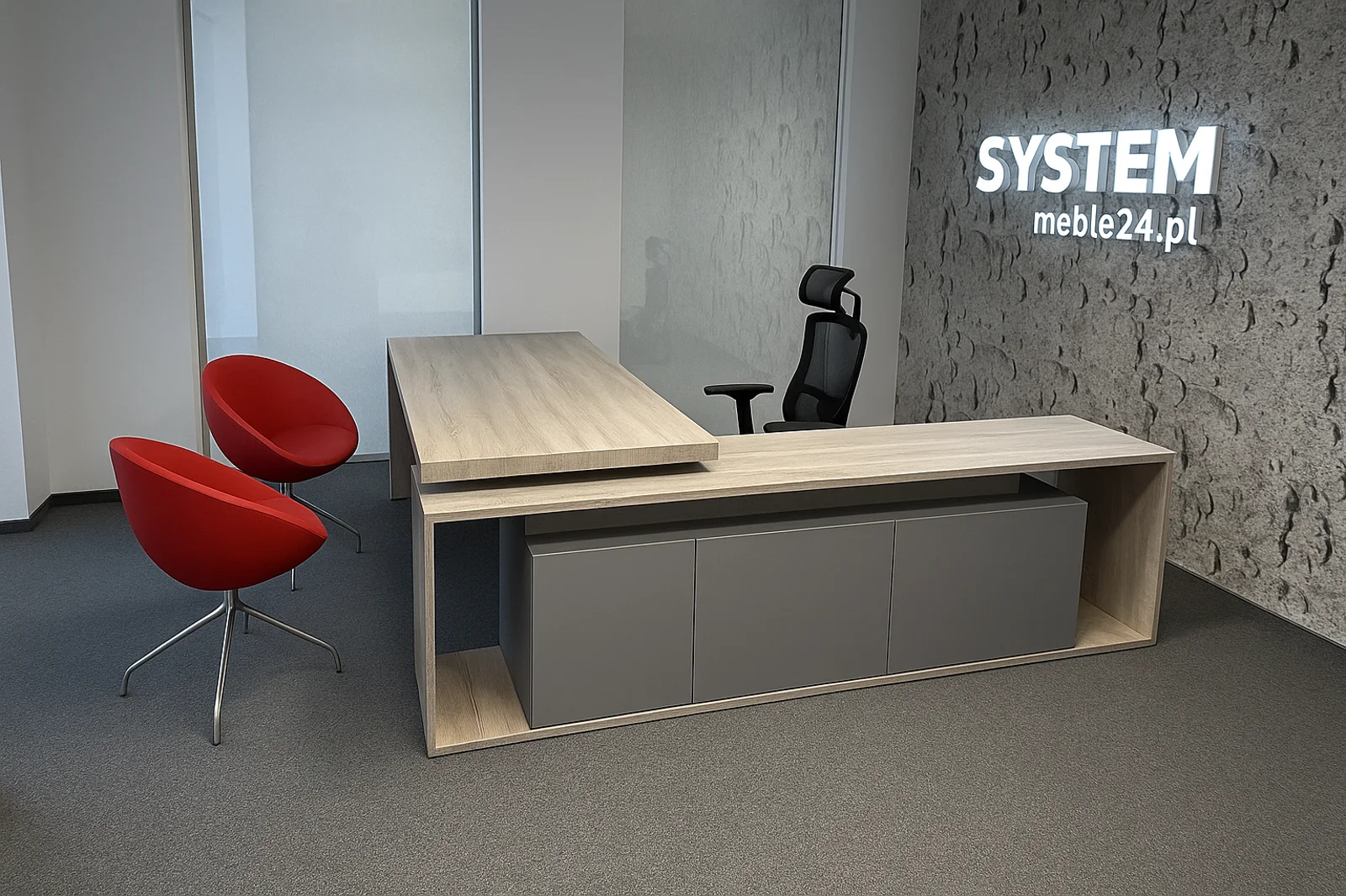 Wizualizacja gabinetu z nowoczesnym biurkiem i miejscem dla gości – Systemmeble24.pl